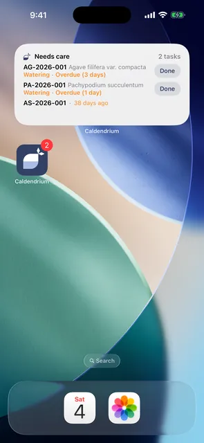 Care status on your Home Screen — mark it done right there